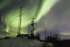 SCientific Antennas Under Night Sky With Northern Lights Royalty Free Stock Photos SCientific Antennas Under Night Sky With Northern Lights Royalty Free Stock Photos