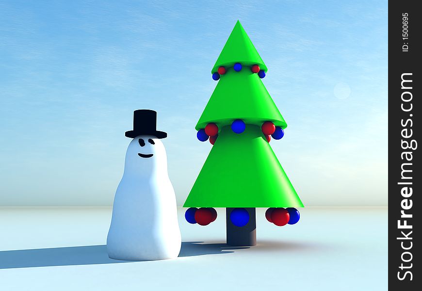 A computer created Christmas scene of a snowman and Christmas tree. A computer created Christmas scene of a snowman and Christmas tree.