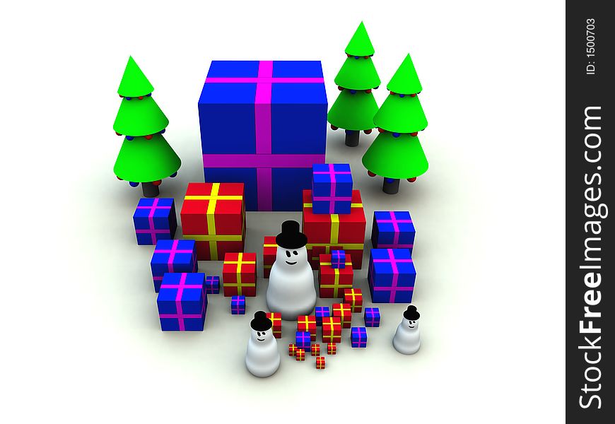 A computer created Christmas scene of some snowman and Christmas presents. A computer created Christmas scene of some snowman and Christmas presents.
