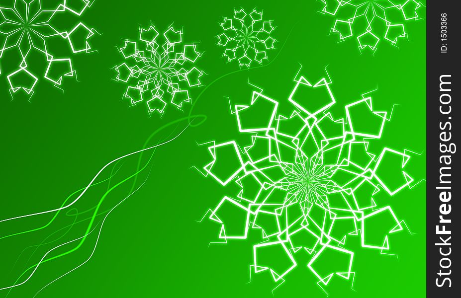 Green winter background with white snowflakes