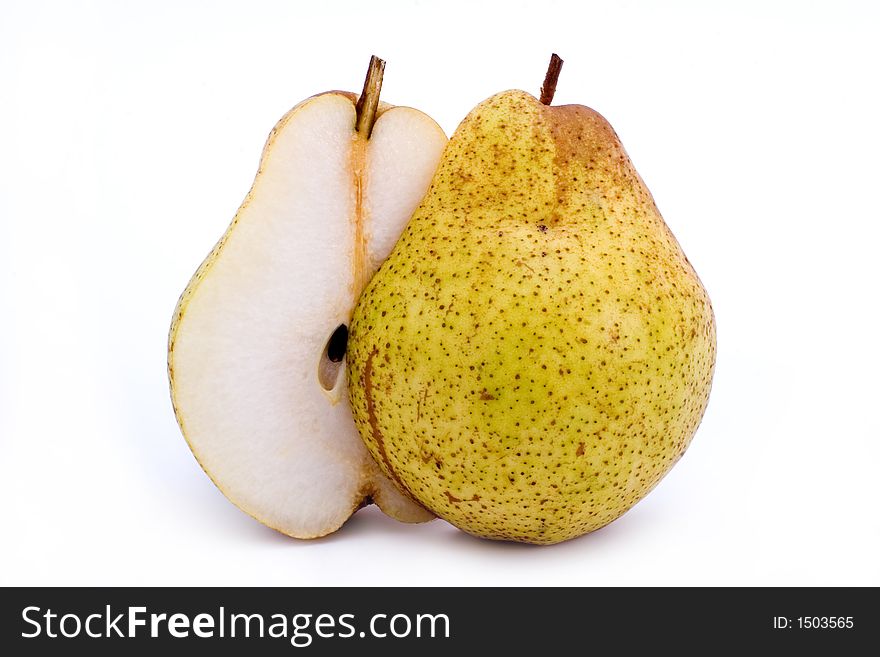 Pear infront of white background .