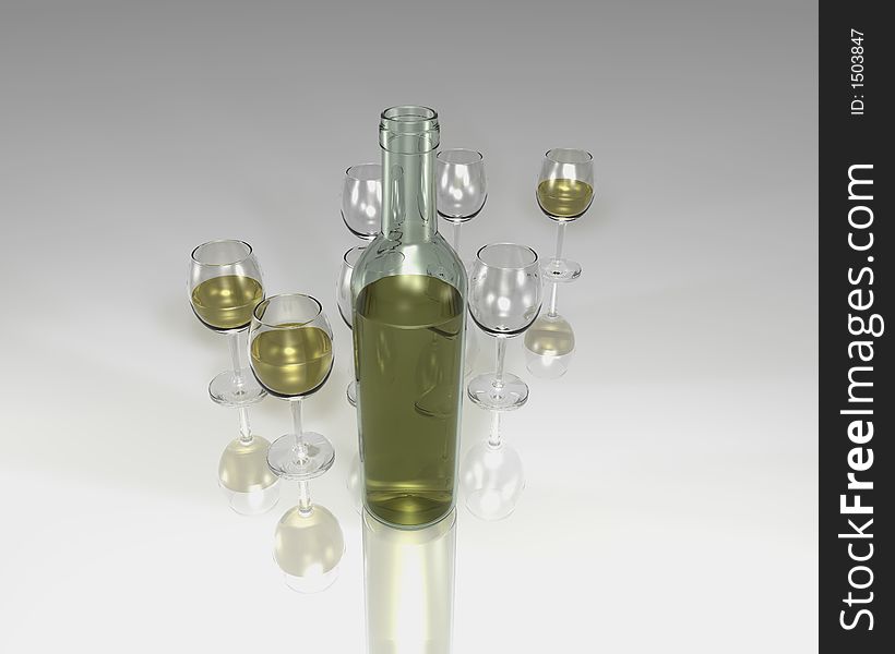 White wine bottle with glasses rendered on semi reflective surface. White wine bottle with glasses rendered on semi reflective surface