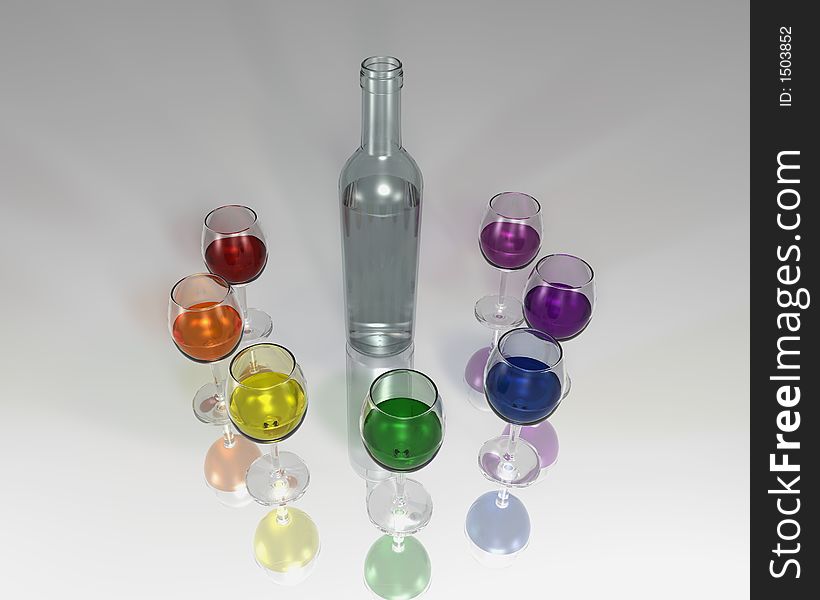 A bottle with liquids of different colours on a semi reflective surface. A bottle with liquids of different colours on a semi reflective surface