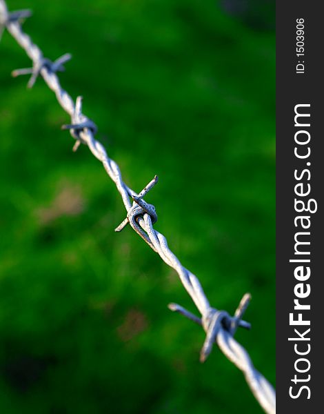 Barbed wire fence against a blurry green background. Barbed wire fence against a blurry green background