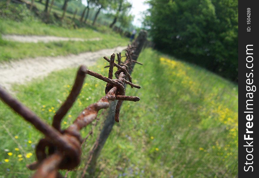 An image of a barb wire in a bosnian field. On the left a part of a countryside road is visible. The wire enters the photo on the lower left corner and disappears somewhere in the middle of the photo. An image of a barb wire in a bosnian field. On the left a part of a countryside road is visible. The wire enters the photo on the lower left corner and disappears somewhere in the middle of the photo.