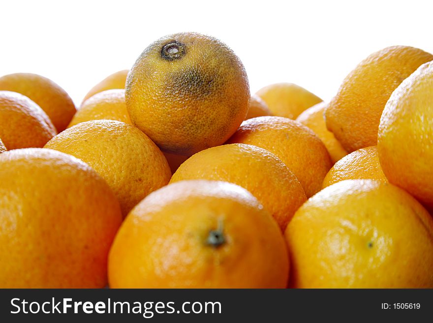 Stack of clementines isolated on white - One rotten on the top