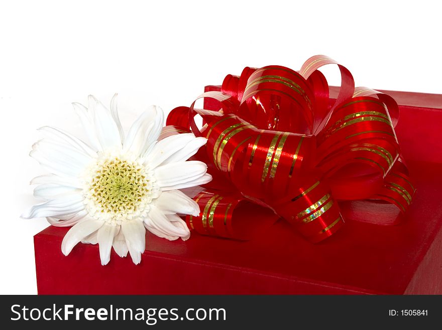 Red gift box and white flower over white