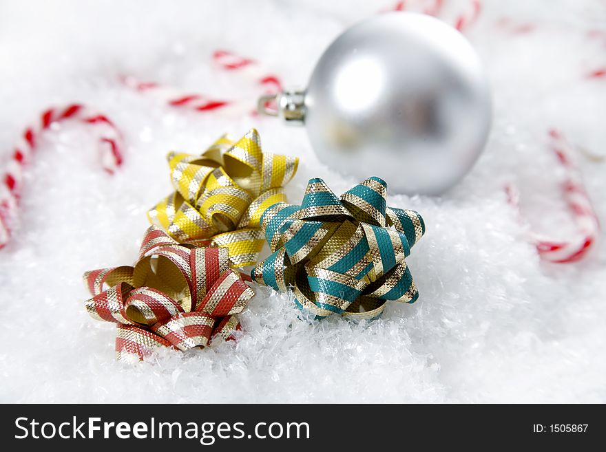 A christmas setting complete with snowflakes and candycanes