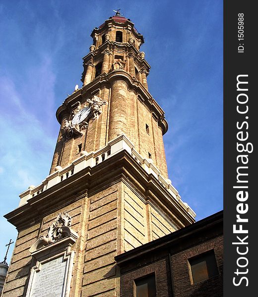 Ancient clock tower in Zaragoza\'s city centre, part of one of it\'s many churches