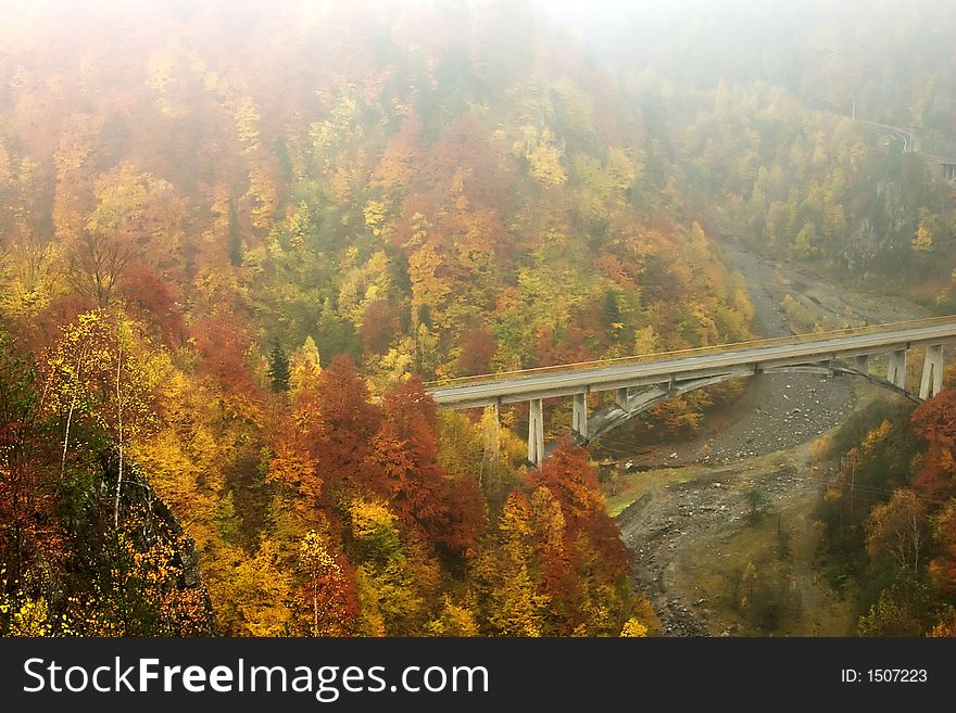 Bridge in forest landscape at Vidraru Dam - Romania, 166 m hight, 465 millions mc, build in 1966