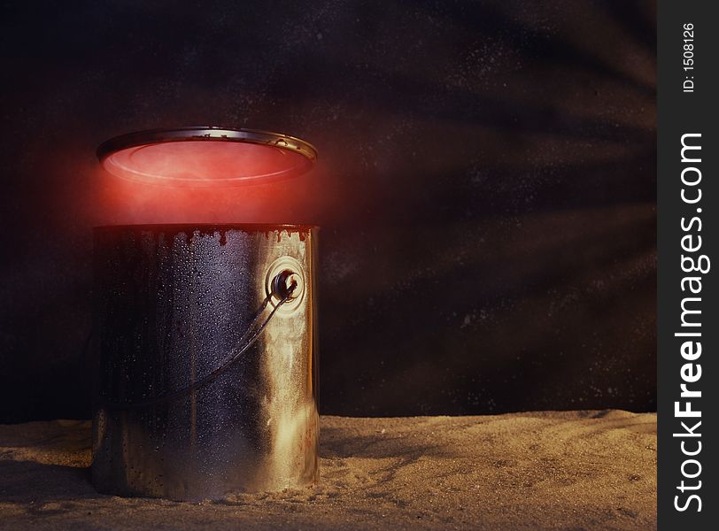 A photo illustration of a paint cans lid blowing off. A photo illustration of a paint cans lid blowing off