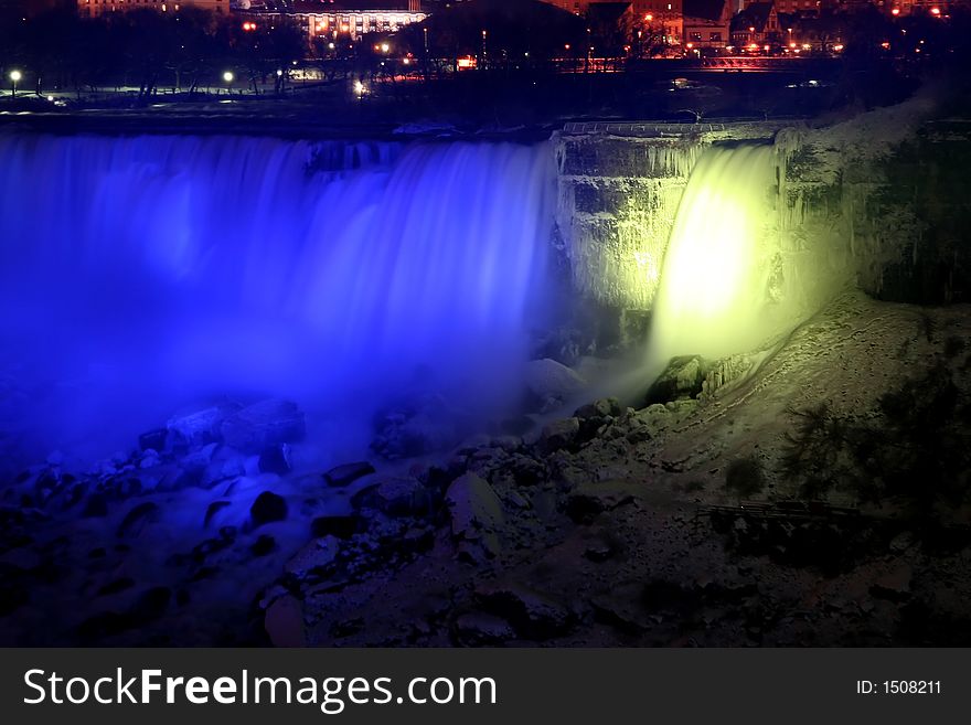 Niagara Falls at Night - American and Veil Falls. Niagara Falls at Night - American and Veil Falls