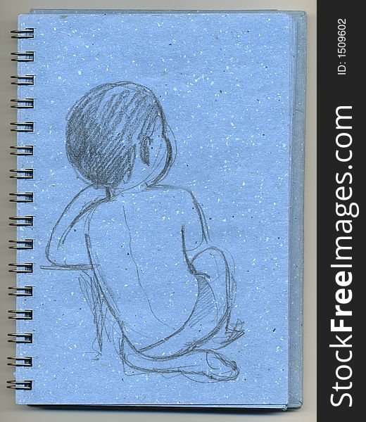 A drawing of child hand drawn with grey pencil on a blue sketchbook. A drawing of child hand drawn with grey pencil on a blue sketchbook