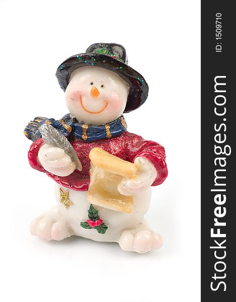 Miniature Snowman statues in different poses against white background with clipping paths. Miniature Snowman statues in different poses against white background with clipping paths