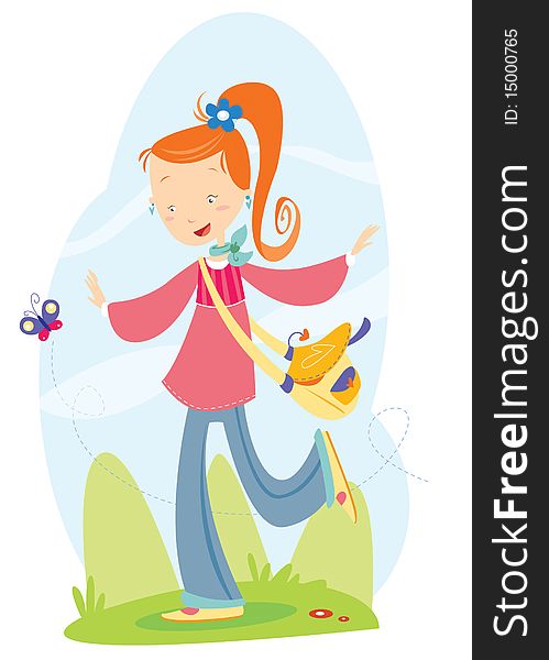 Illustration of a girl following a butterfly. Illustration of a girl following a butterfly