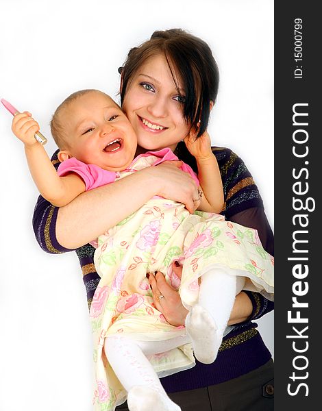 Young happy mother with baby against white background