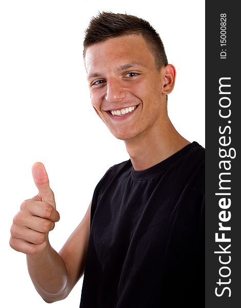 Young fresh teenager is posing with a thumb up sign. Isolated over white. Young fresh teenager is posing with a thumb up sign. Isolated over white.