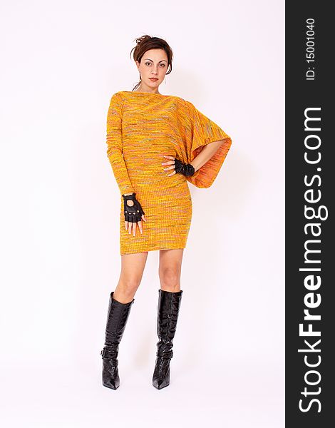 Woman wearing yellow dress commercial expression