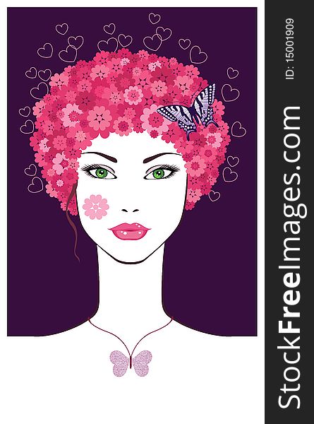 Girl with flowers in hair. Vector Illustration