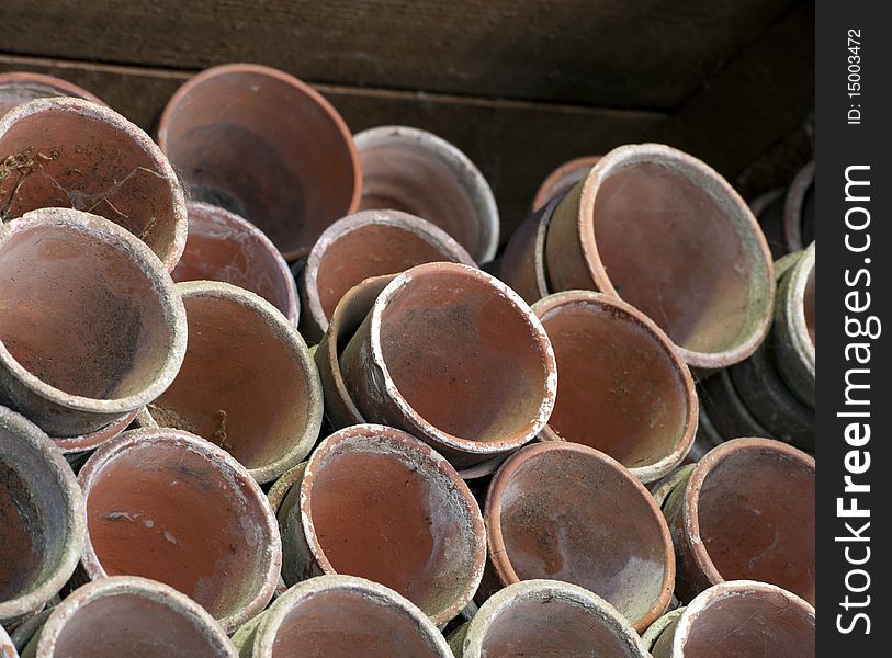 Stacks Of Old Clay Plant Pots In A Victorian Potting Shed