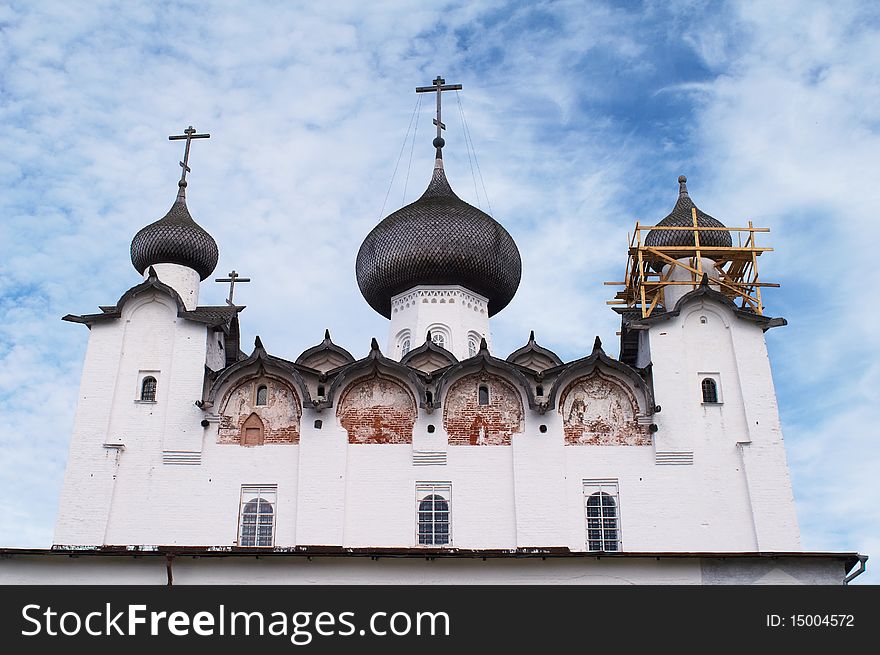 Main cathedral spires of the historic Russian Solovetsky Monastery.  Building has served many different uses.