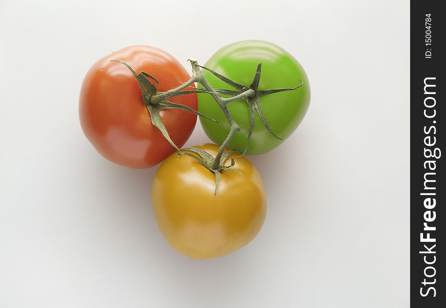 A brunch with tomatoes in three stages of ripe. A brunch with tomatoes in three stages of ripe