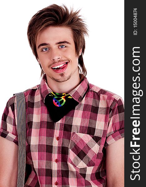 Portrait of happy young boy smiling over white background