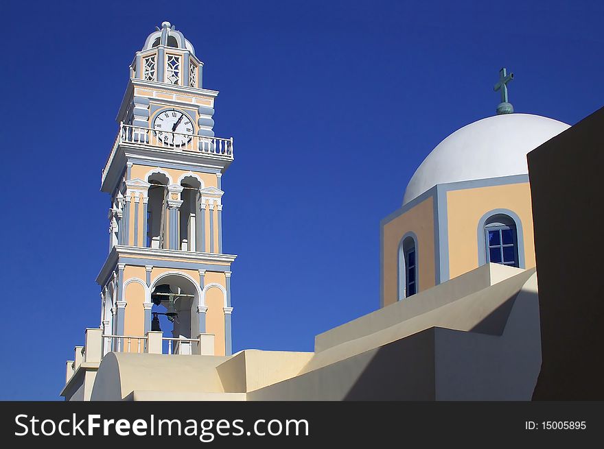 Greece santorini island lagoon tower with bells. Greece santorini island lagoon tower with bells