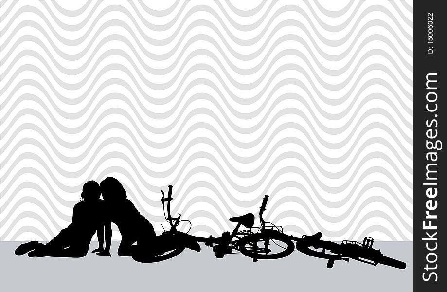 Drawing silhouette of a cyclist boy and girl. Silhouette of people. Drawing silhouette of a cyclist boy and girl. Silhouette of people