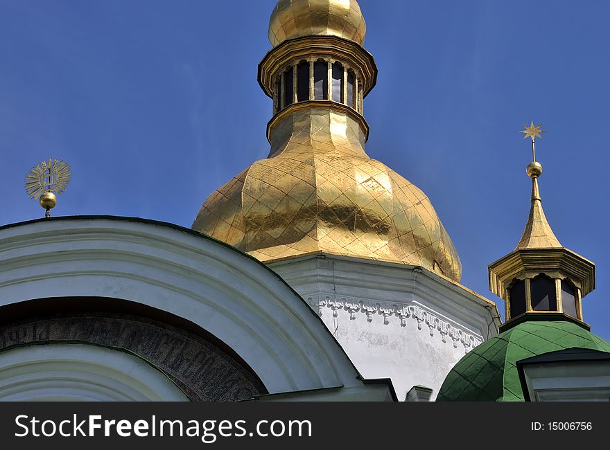 Ukraine russian historical basilica detail spire with gold roof. Ukraine russian historical basilica detail spire with gold roof