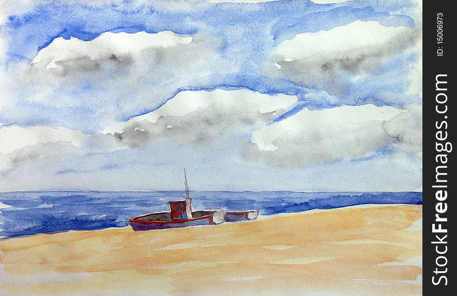 Two boats on the sunny beach under the cloudy sky. Two boats on the sunny beach under the cloudy sky