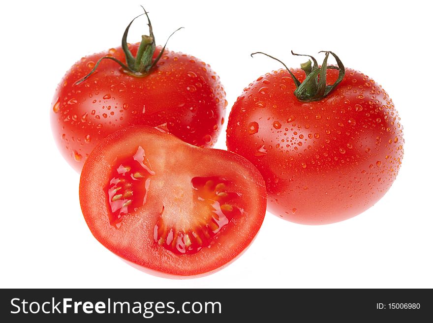 Fresh juicy tomatoes on white background