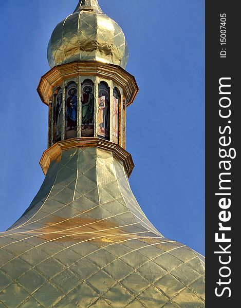 Ukraine russian historical basilica detail spire with gold roof and apostles. Ukraine russian historical basilica detail spire with gold roof and apostles
