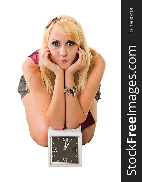 Young blond woman with a clock. Young blond woman with a clock