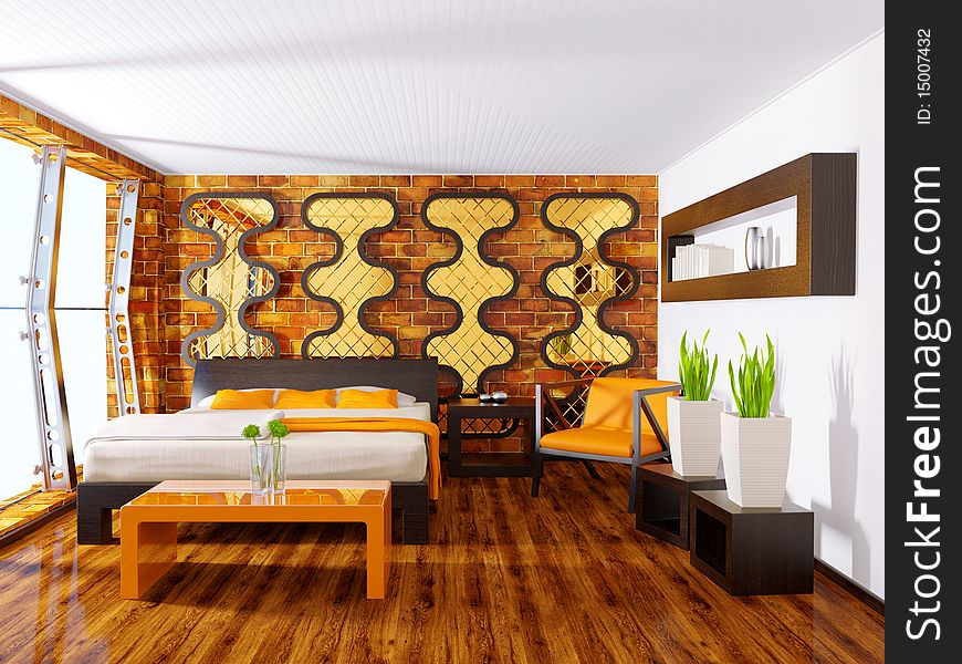 Modern interior bedroom with bricks wall