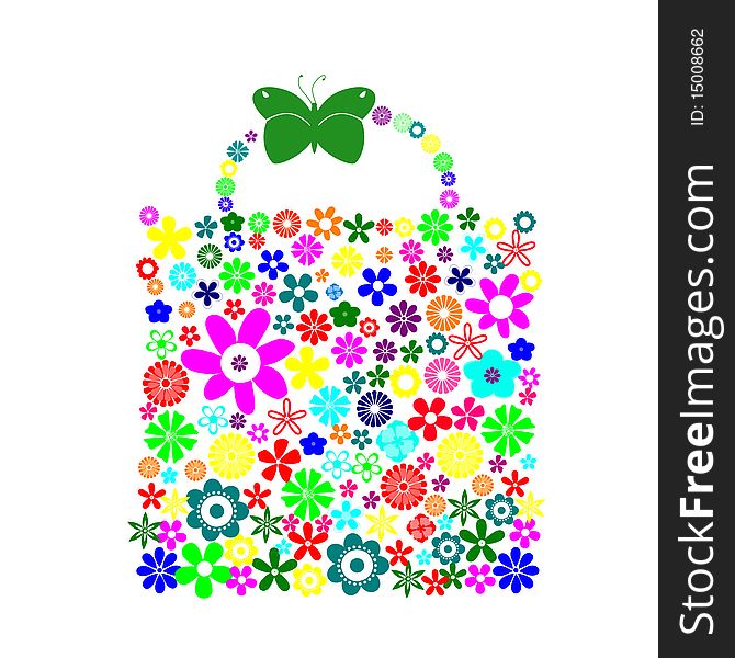 Illustration of bag pattern made up of flower shapes on the white background
