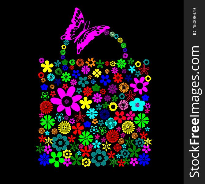 Illustration of bag pattern made up of flower shapes on the black background