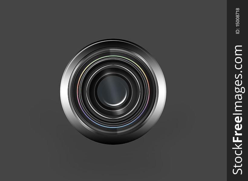 Close-up of a gradient grey camera lens, isolated on grey background. Close-up of a gradient grey camera lens, isolated on grey background