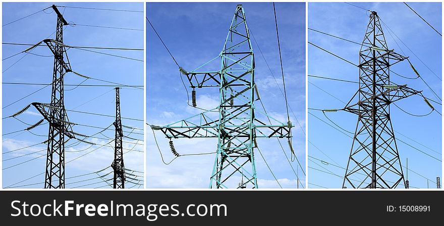 High-tension power line with clouds on background