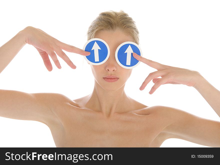 Woman holds before arrow eyes isolated in white