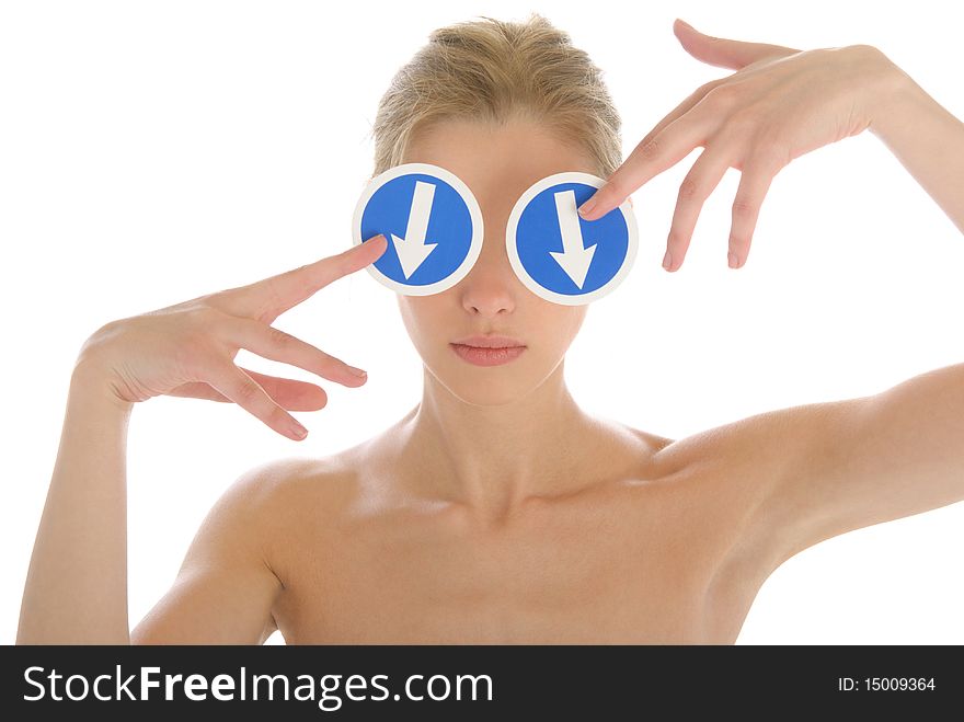 Woman holds before two arrow eyes isolated in white