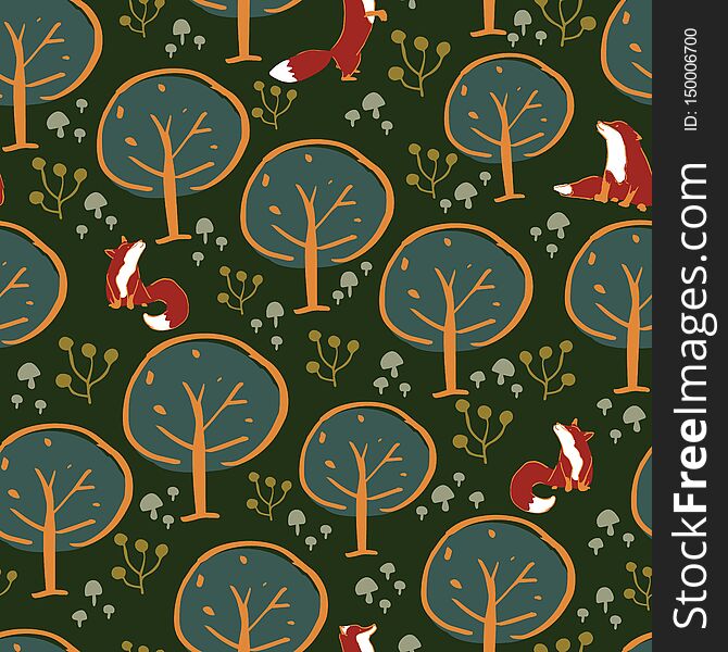 Fox forest seamless pattern design