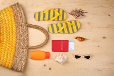 Composition With Tourist S Stuff On Wooden Background, Top View Royalty Free Stock Image