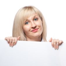 Smiling Woman Holding White Empty Paper Stock Image Smiling Woman Holding White Empty Paper Stock Image