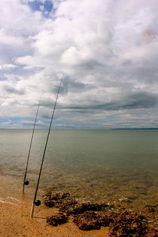 Fishing Rod On The Beach Stock Photo