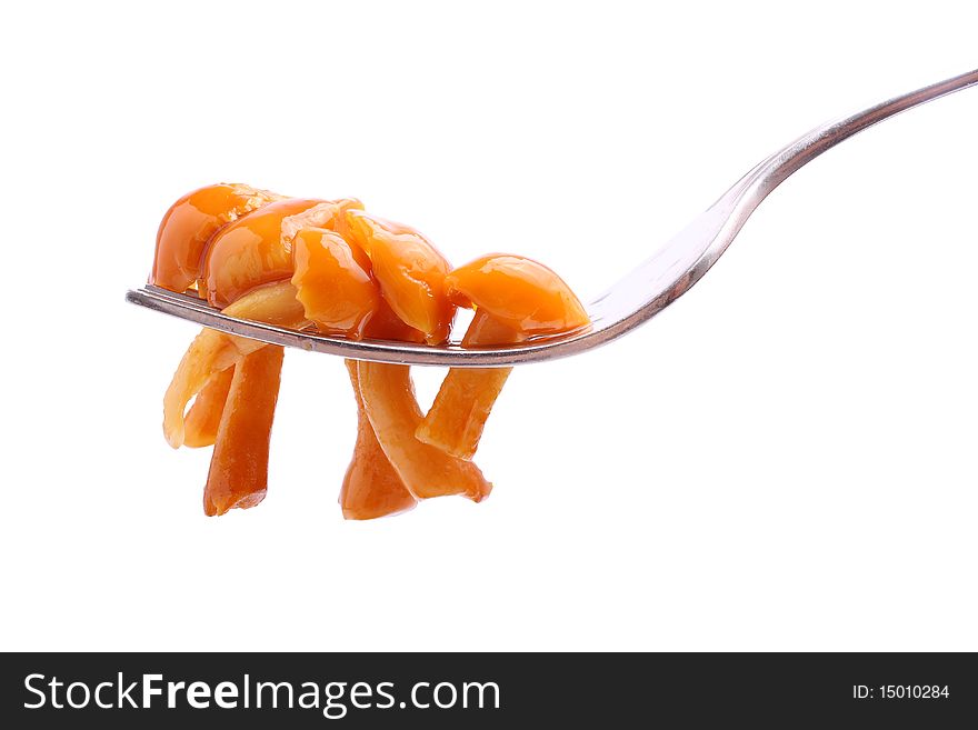 Delicious mushrooms on fork (isolated, clipping path)