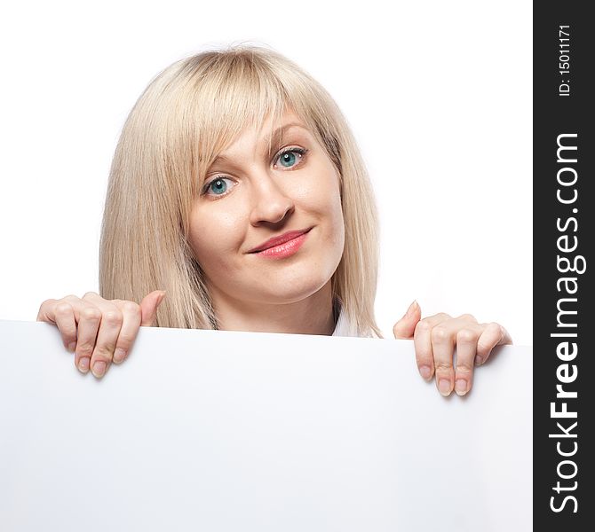 Smiling Woman Holding White Empty Paper