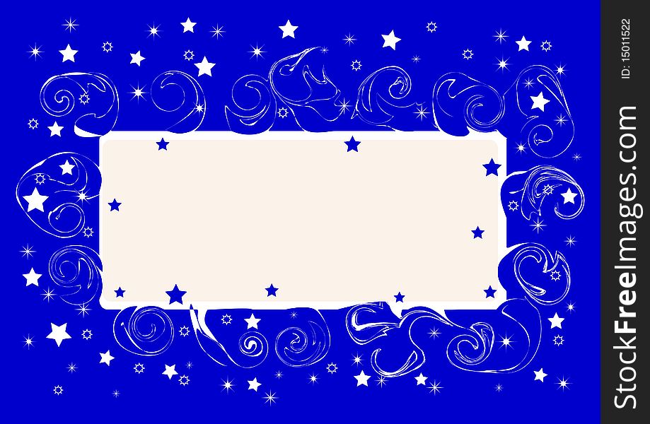 Card with stars and swirly border design on blue background. Vector illustration. Card with stars and swirly border design on blue background. Vector illustration.
