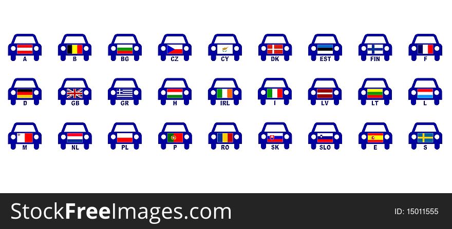 Icons of eu countries auto indicatives with cars and small flags. Icons of eu countries auto indicatives with cars and small flags