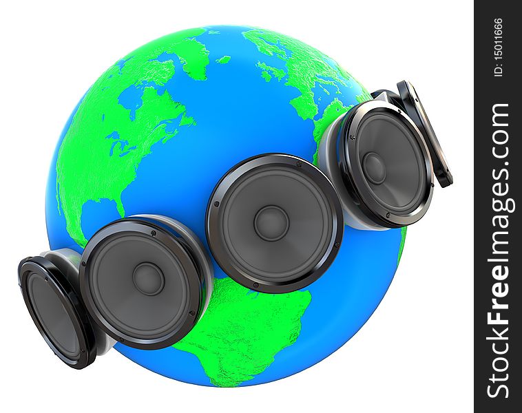 3d illustration of audio speakers around earth globe. 3d illustration of audio speakers around earth globe